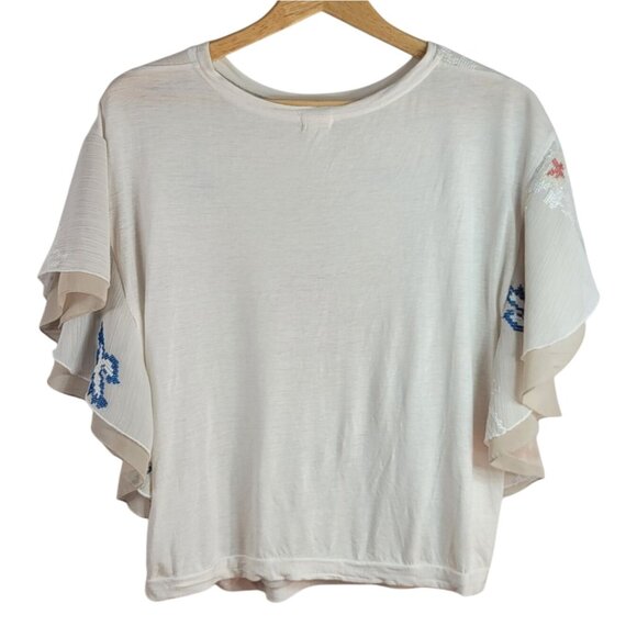 Anthropologie Tiny Boho Embroidered Top Cream Medium Cross Stitch Floral Flutter - Picture 6 of 8